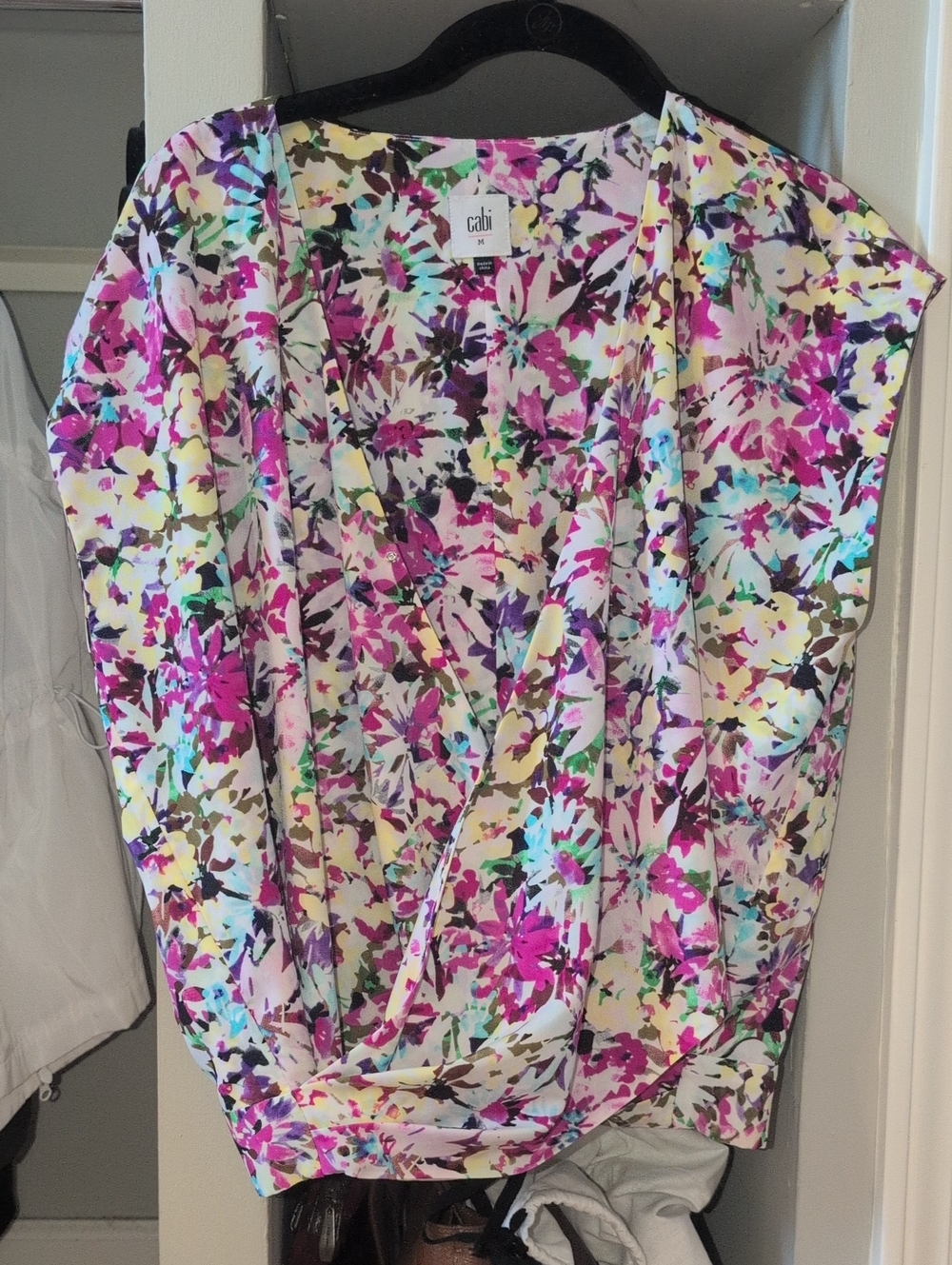 CAbi Floral Surplice Wrap Top in Pink, Teal & Purple